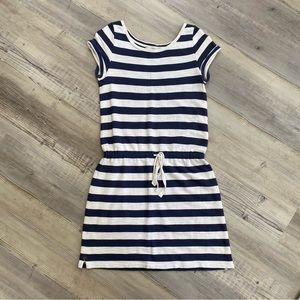 Loft Navy Blue Cream Stripe Terry cloth drawstring short sleeve dress cover-up S